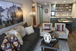 Smart TV, fireplace, books