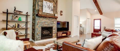 Una televisión, una chimenea, un reproductor de DVD