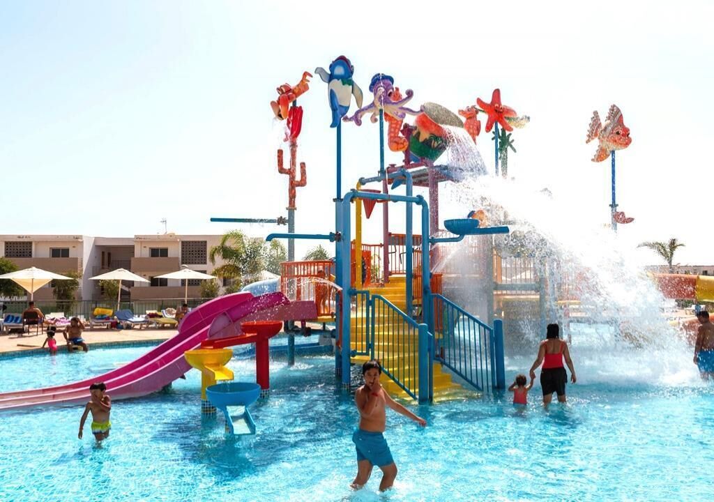 A water park with slides and water features.