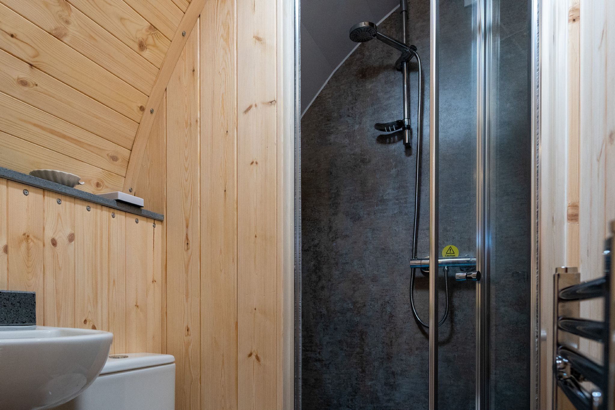Shower, bathrobes, towels, soap