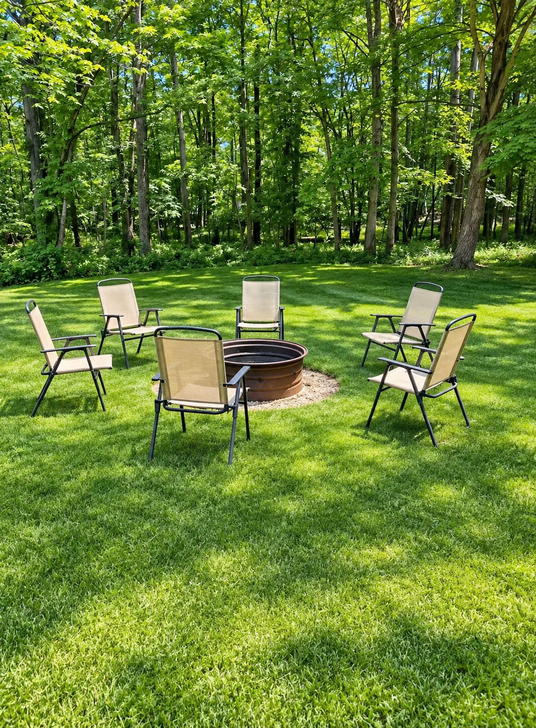 A circular outdoor seating area with a fire pit surrounded by four chairs.