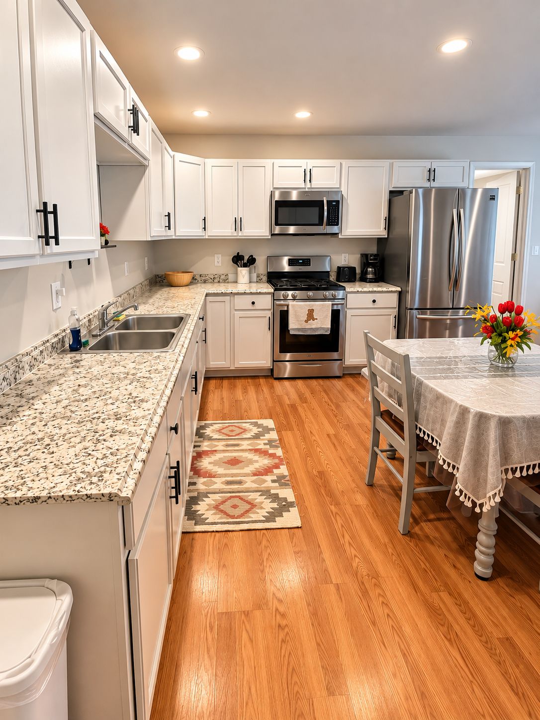 A modern kitchen with white cabinets, stainless steel appliances, a granite countertop, and a dining area with a table and chairs.