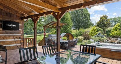 Waterfall Pool · Barrel Sauna + Hot Tub · Cabin · 15 Private Acres