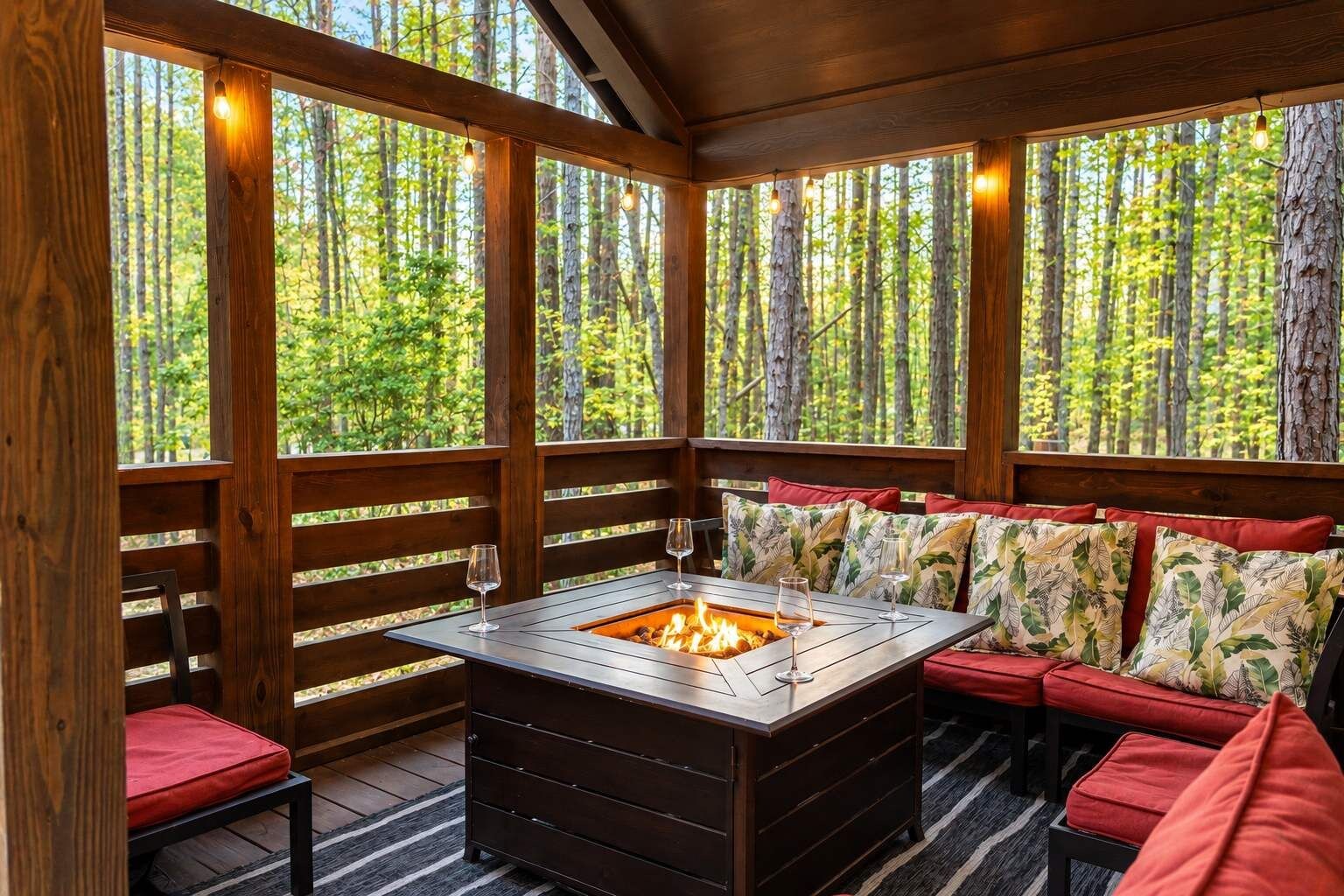 A cozy outdoor seating area with a fire pit, wooden deck, and a view of the forest.