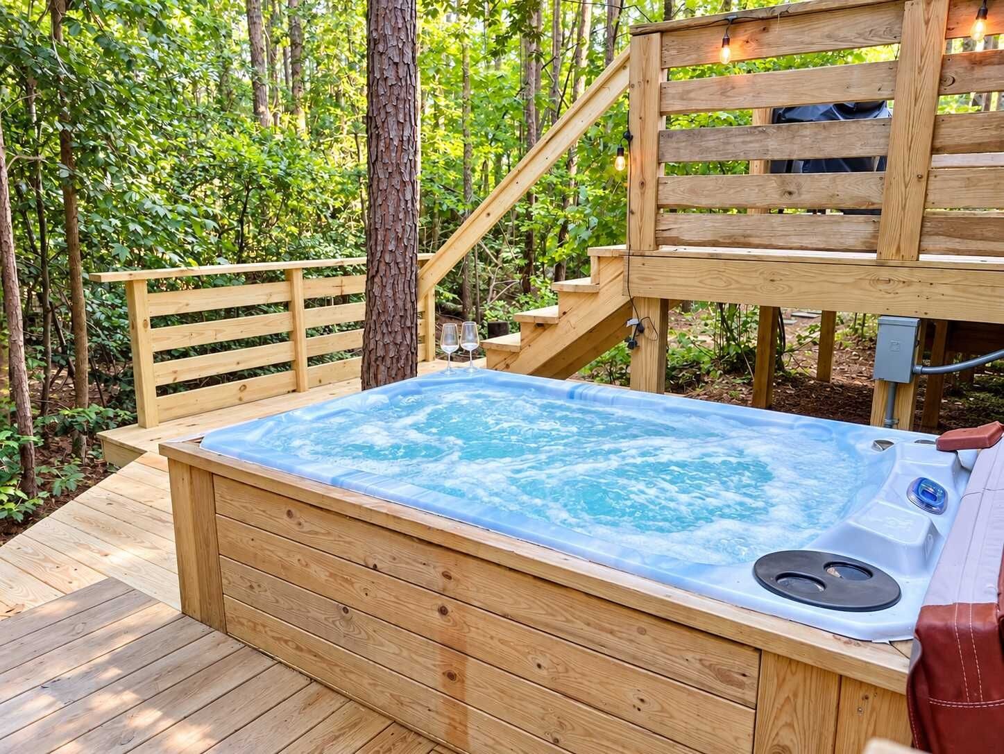 A hot tub on a wooden deck surrounded by trees.