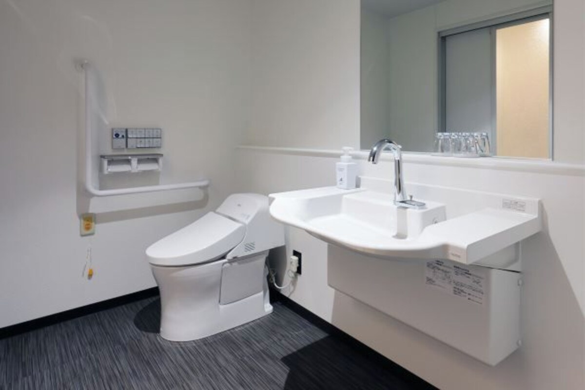 A modern bathroom with a toilet, sink, and mirror.