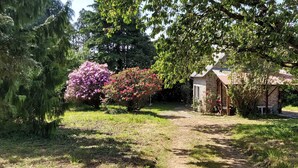 Een landelijk stenen gebouw met rieten dak, omringd door weelderige begroeiing en bloeiende struiken.