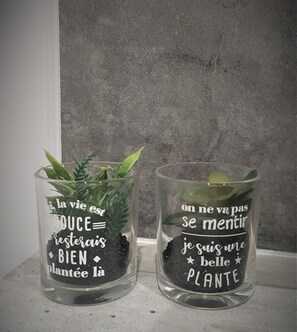 Two glass containers with plants and motivational phrases. - Chez Céline en campagne (Mazerny)