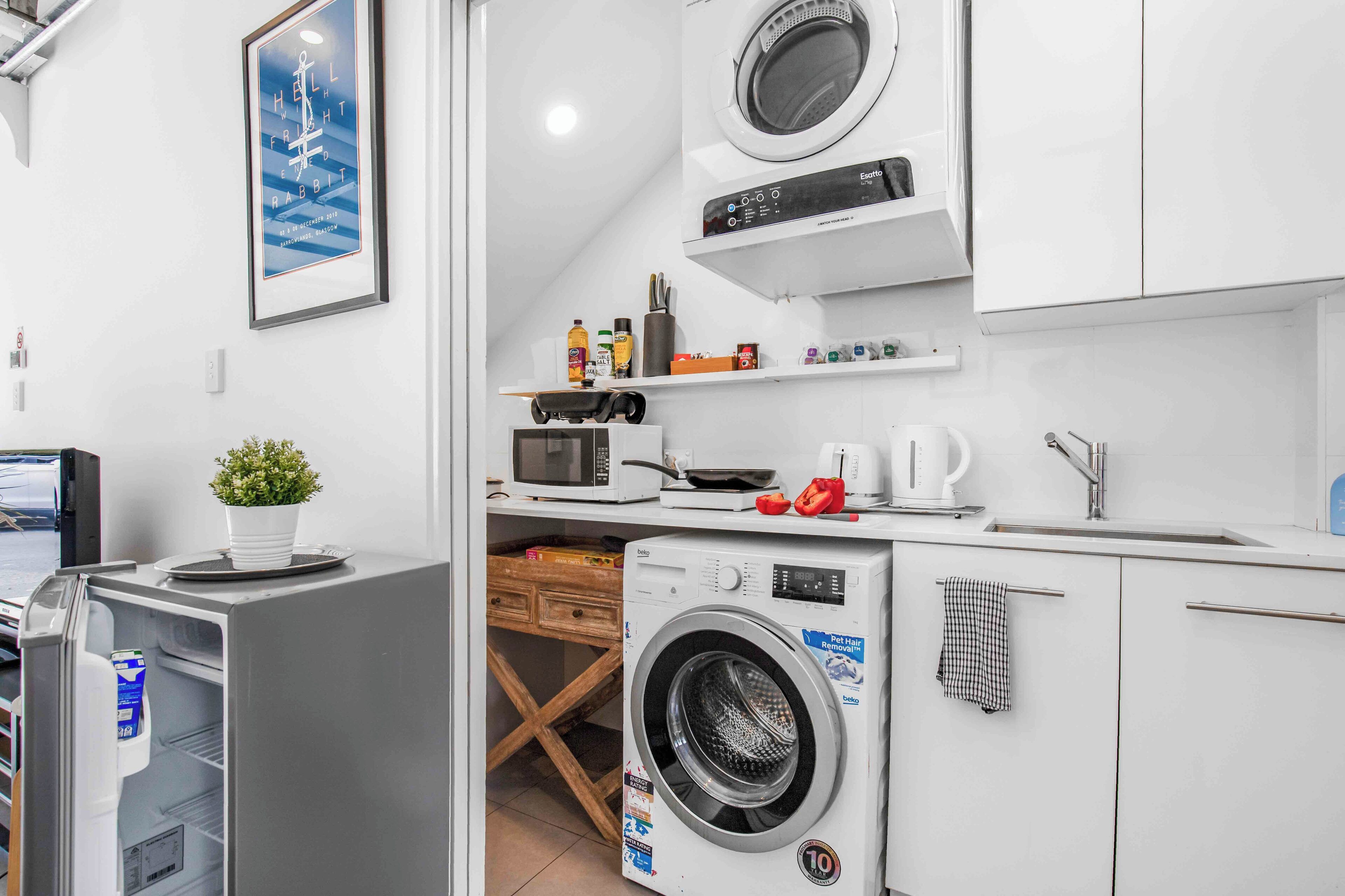 Fridge, microwave, toaster, cookware/dishes/utensils