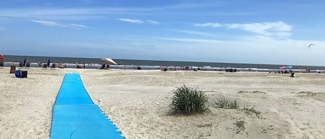 On the beach, sun-loungers, beach towels