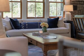 TV connectée, cheminée, livres, chaîne hi-fi