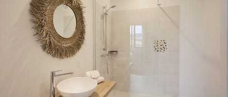 Shower, hair dryer, towels