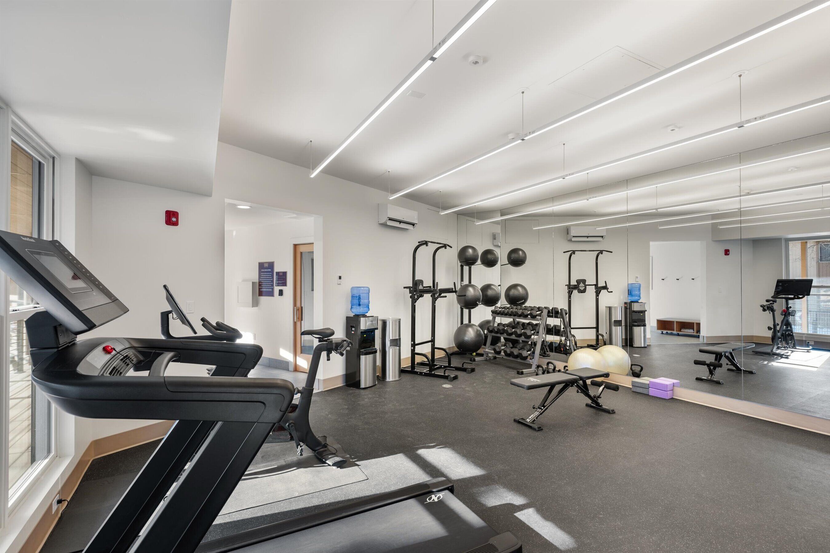 Une salle de sport moderne équipée de tapis de course, d’appareils de musculation et de ballons d’exercice.