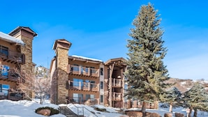 A multi-story building with balconies, a snow-covered landscape, and a large evergreen tree. - BRAND NEW REMODEL, Gorgeous 2BR 2BA Mountain Side Condo, Hot Tub, Fireplace, EPI (Snowmass Village)