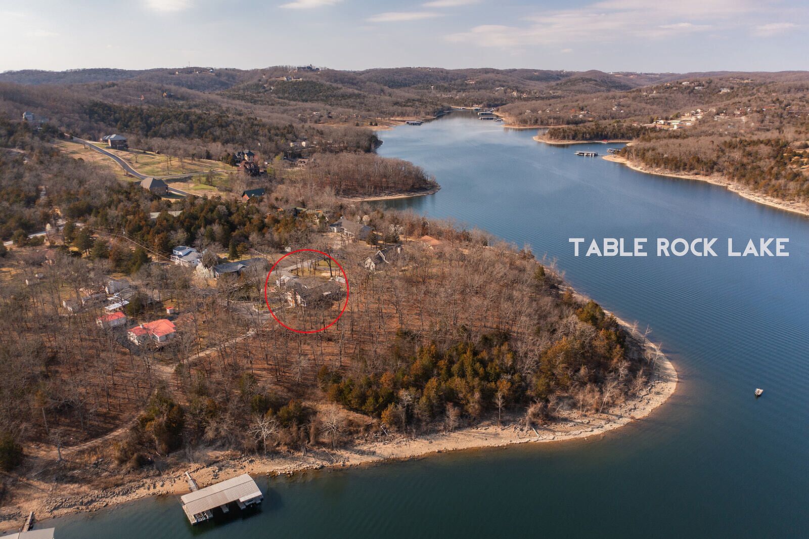 An aerial view of Table Rock Lake with a red circle highlighting a specific area.
