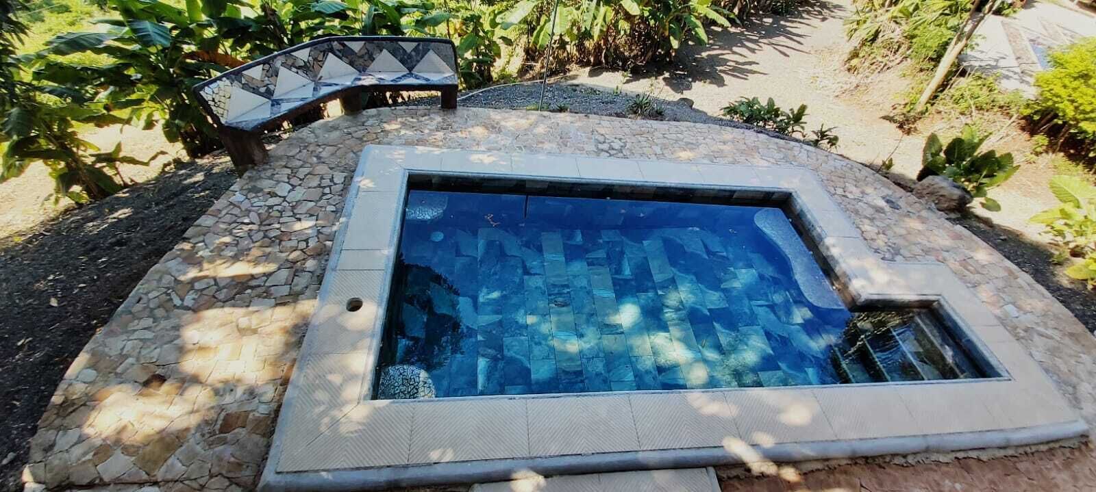 A rectangular swimming pool with a stone border, surrounded by a paved area and some greenery.
