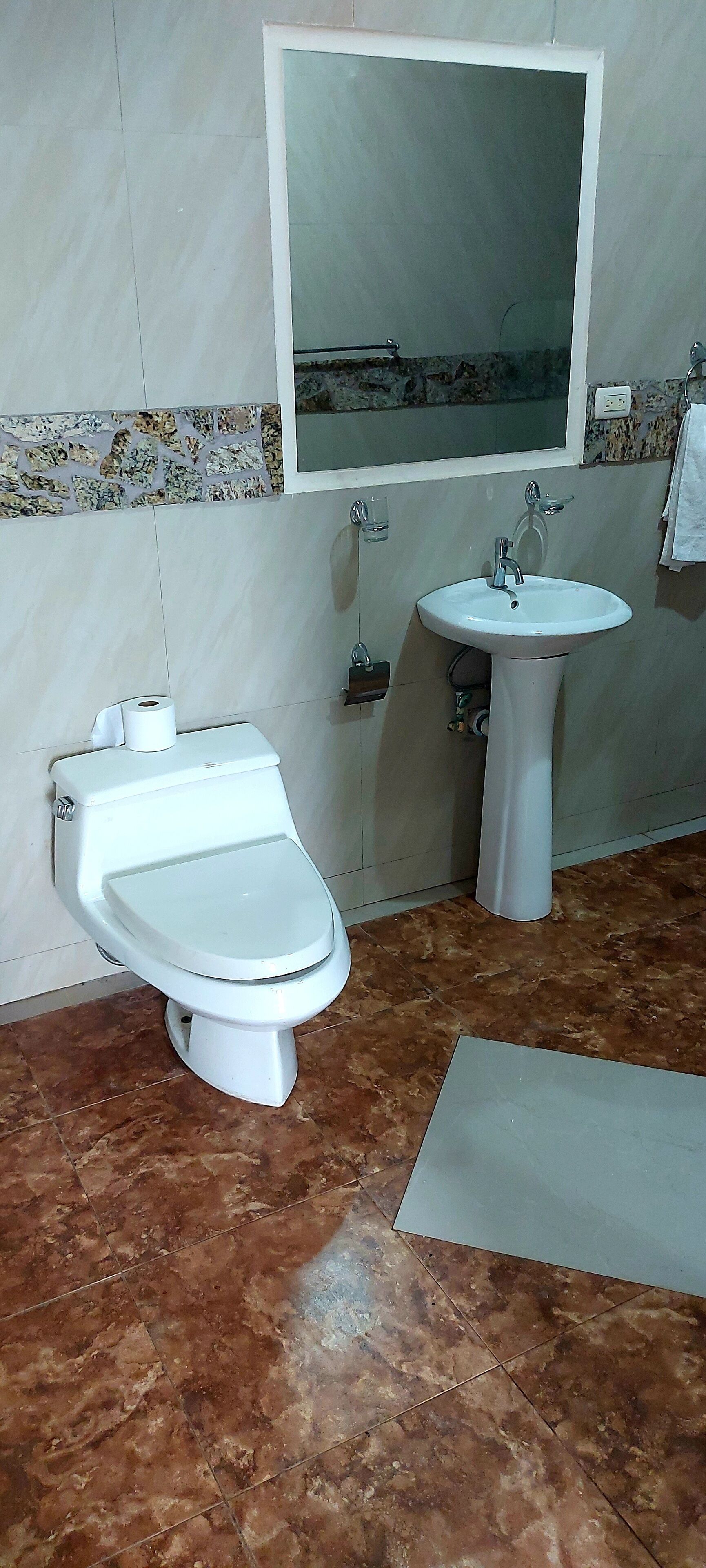 Un baño con inodoro, lavamanos y espejo.