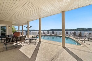 Outdoor pool, a heated pool, sun loungers