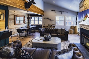 TV, fireplace, books