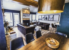 TV, fireplace, books