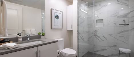 Ducha, secador de pelo, toallas y jabón