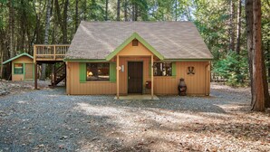 Une cabane avec un porche à l’avant, une cheminée et une petite terrasse.