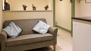 Una sala de estar con un sofá, dos almohadones decorativos, un estante con plantas y una zona de cocina con microondas.