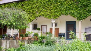 A building with a green ivy-covered exterior, a stone pathway, and various potted plants. - Lovely apartment for 4 people with pool, WIFI and patio (Zábreh)