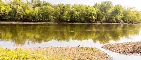 Un río tranquilo con árboles reflejados en el agua.