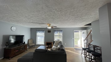 Smart TV, fireplace, books, music library