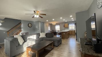 Smart TV, fireplace, books, music library