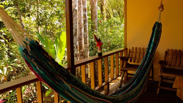A hammock hanging on a wooden deck with a view of lush greenery.