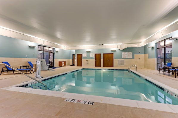 Indoor pool, open 8:00 AM to 10:00 PM, pool loungers