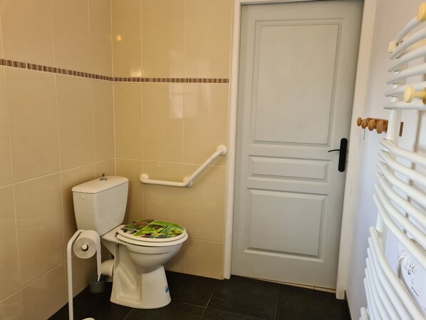 A standard bathroom with a toilet, a handrail, and a door.