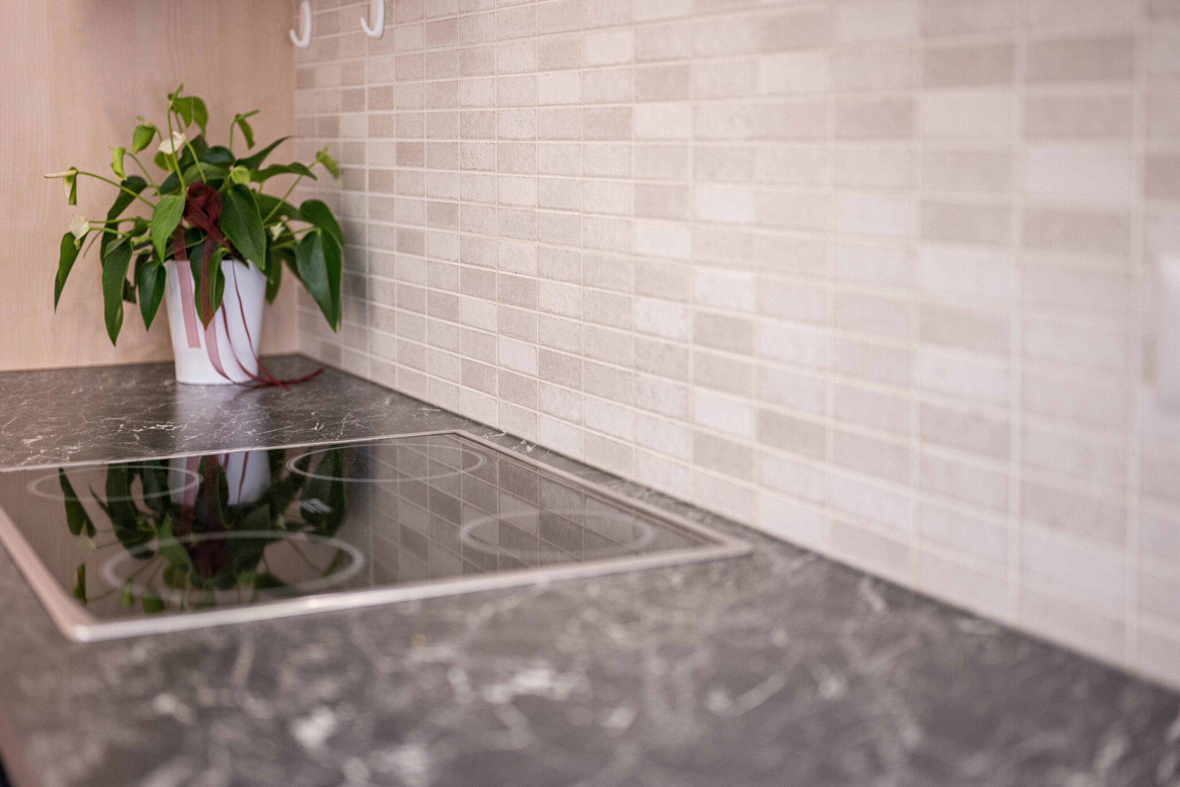 A kitchen with a marble countertop, a potted plant, and a tiled backsplash.