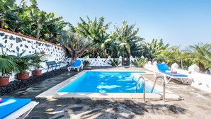 A swimming pool with lounge chairs, surrounded by tropical plants and a white wall with black spots. - Holiday Home ‘Finca Alejandrina’ with Sea View, Pool, Garden & Wi-Fi (La Guancha)