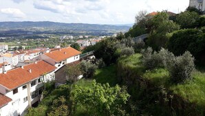 A hillside residential area with terracotta-roofed houses, lush greenery, and a distant view of a town. - Apartment in the centre of Covilha (Covilha)