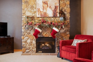 Smart TV, fireplace, DVD player