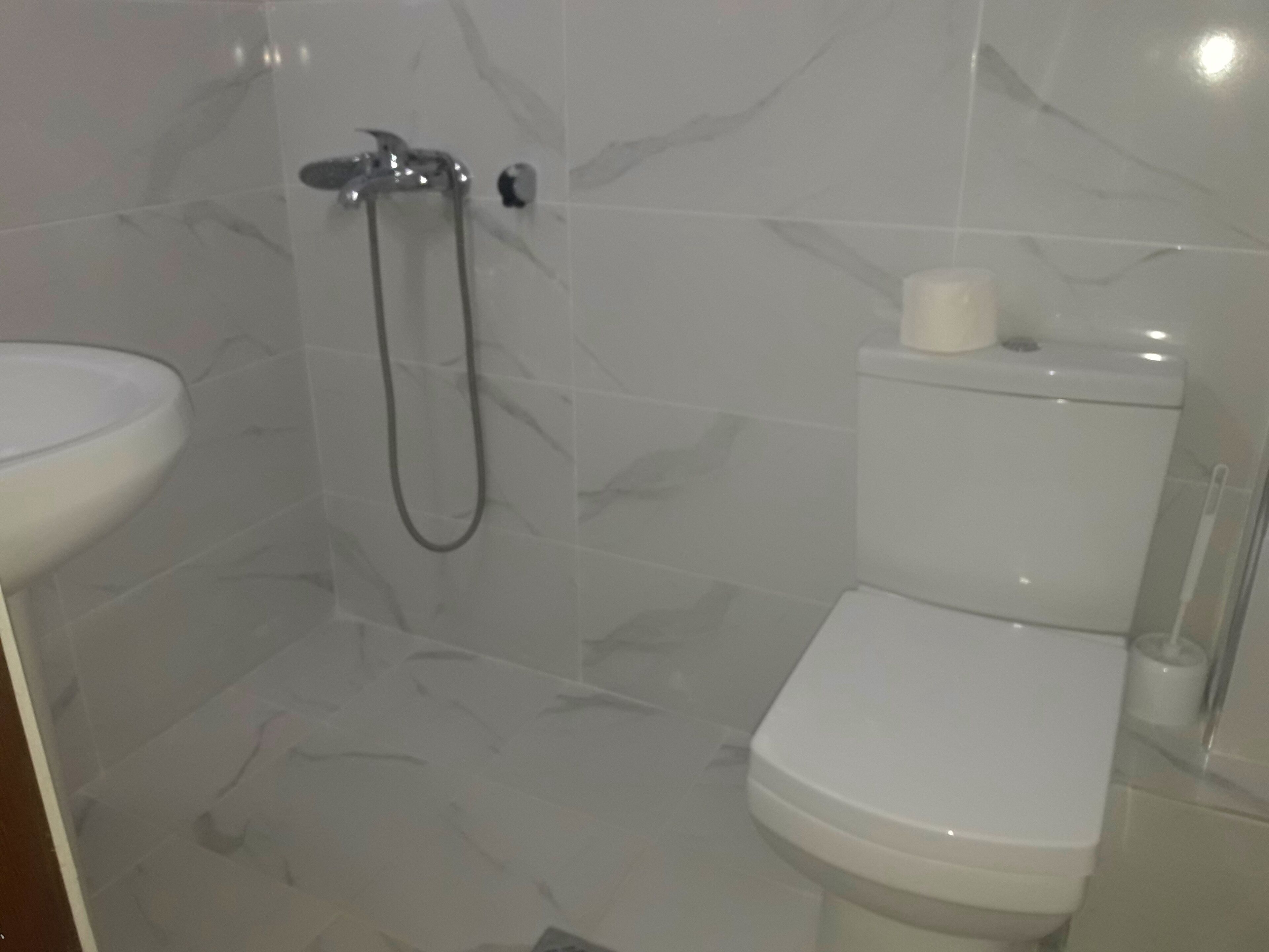 A bathroom with a toilet, a shower, and a sink.