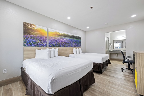 Room, 2 Queen Beds, Accessible, Non Smoking (Mobility, Roll-in Shower) | Iron/ironing board, WiFi (free), bed sheets