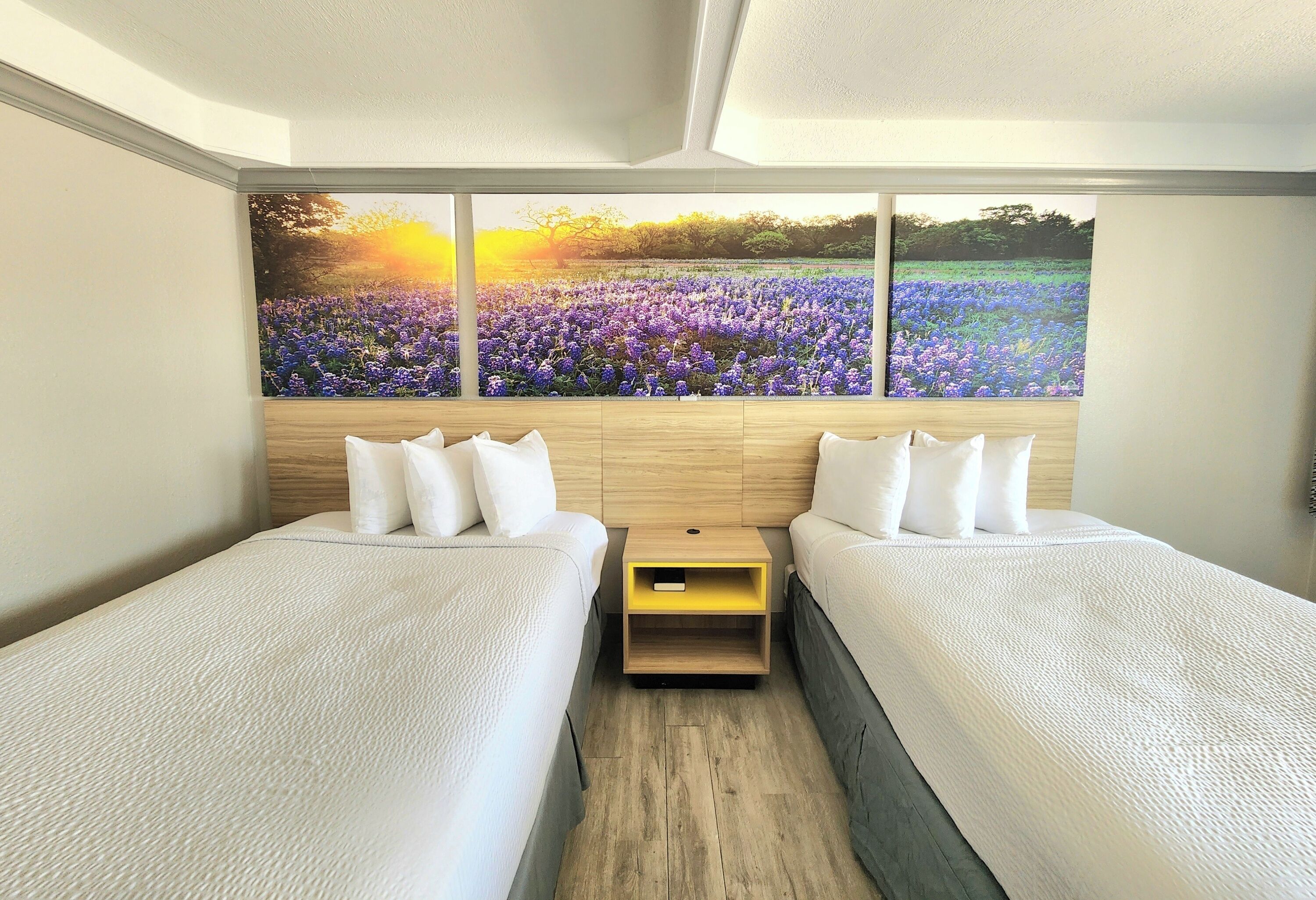 A hotel room with two beds, a large window with a view of a field, and a wooden headboard.