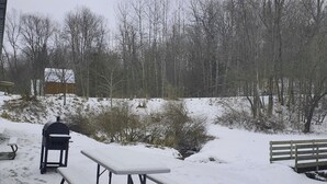 A picnic table and grill in a snowy outdoor area with trees and a wooden bench in the background. - Week/ Weekend Cabin Rental #2 (Luther)