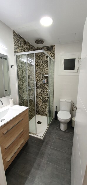 Shower, hair dryer, towels, soap