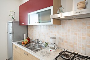 Fridge, oven, coffee/tea maker, toaster