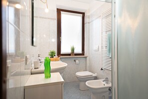 Shower, hair dryer, towels, toilet paper