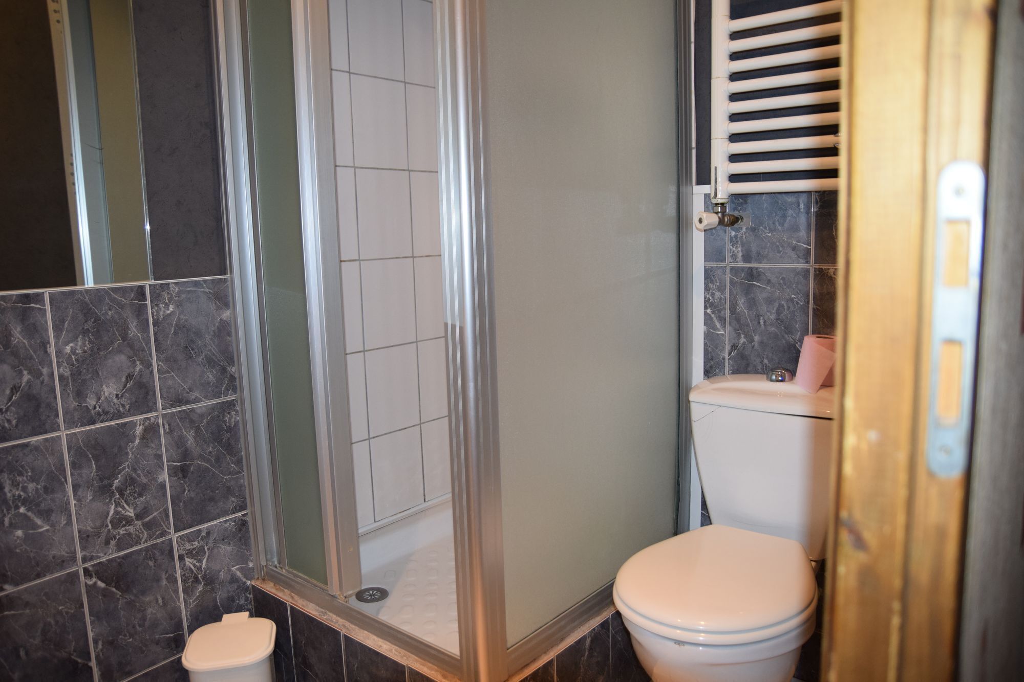 Een badkamer met een douche, toilet en een handdoekrek.