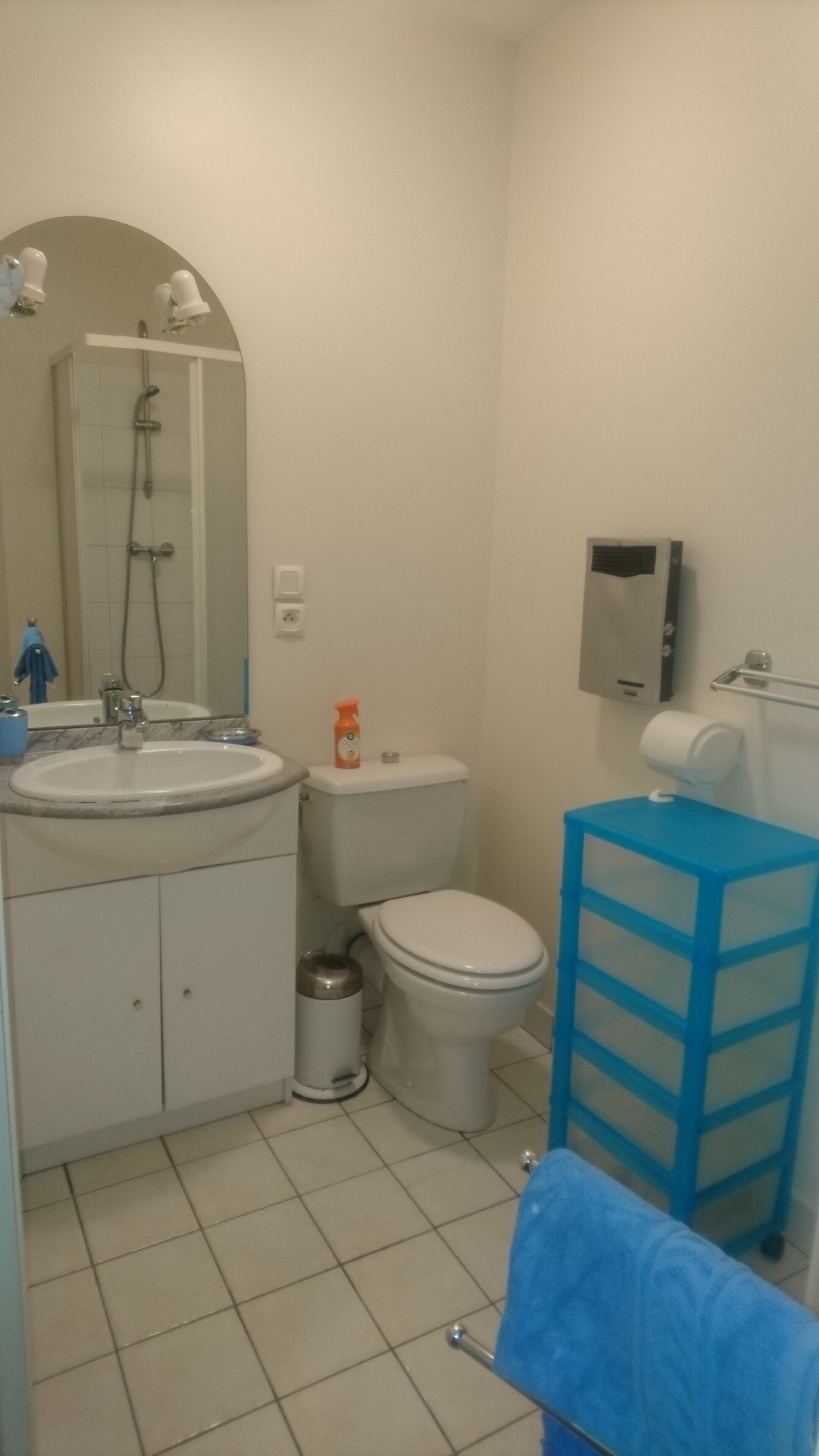 A bathroom with a sink, toilet, and shower. There is a trash can and a blue towel rack.