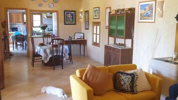 Smart-tv, een open haard en een tafeltennistafel