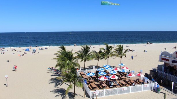 Ein Strand mit Palmen, Sonnenschirmen und Liegestühlen.