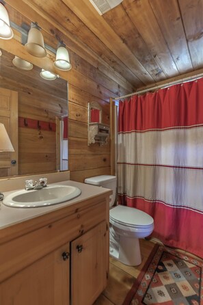 Combined shower/bathtub, hair dryer, towels, soap